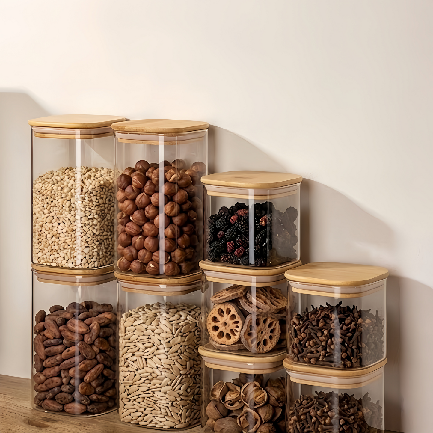 Minimalist Square Borosilicate Glass Jar with Natural Bamboo Lid