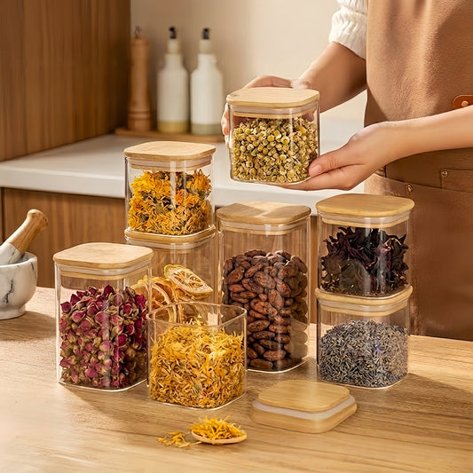 Minimalist Square Borosilicate Glass Jar with Natural Bamboo Lid